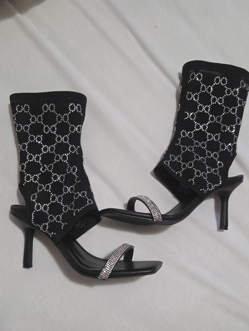 Rouge Black Crystal-Pattern Open Toe Bootie Stiletto Sandals Sz 6.5 NIB
